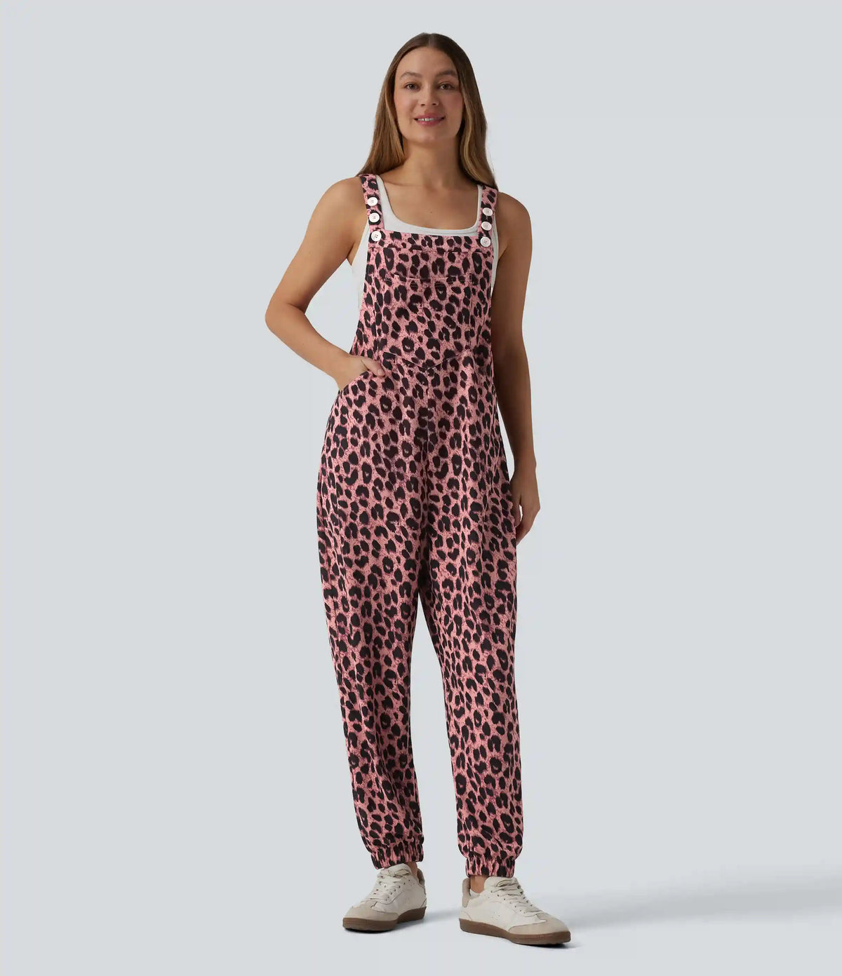 Adjustable Straps Leopard Print Waffle Casual Jogger Overalls with Pockets