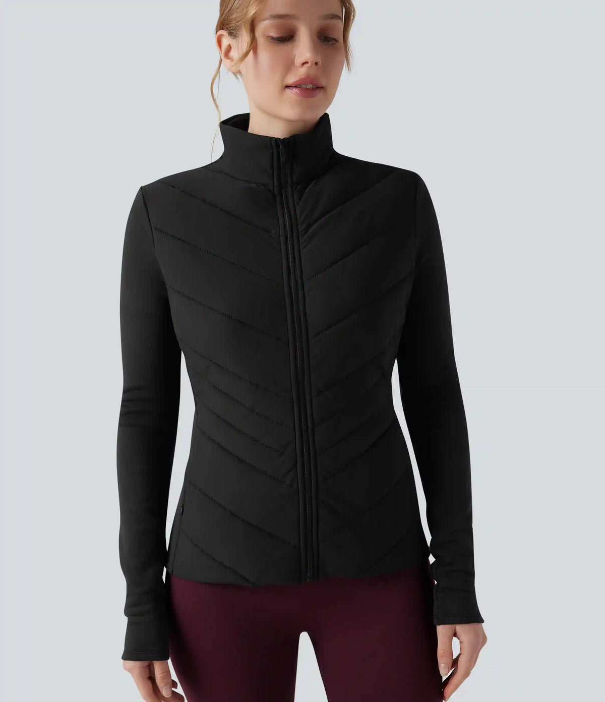 PuffFlex Stand Collar Zipper Long Sleeve Running Quilted Jacket with Pockets