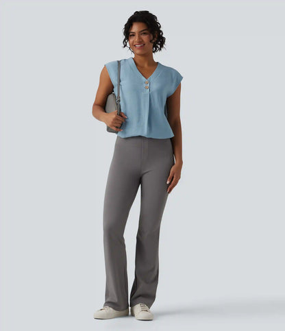 V Neck Cap Sleeve Decorative Work Blouse