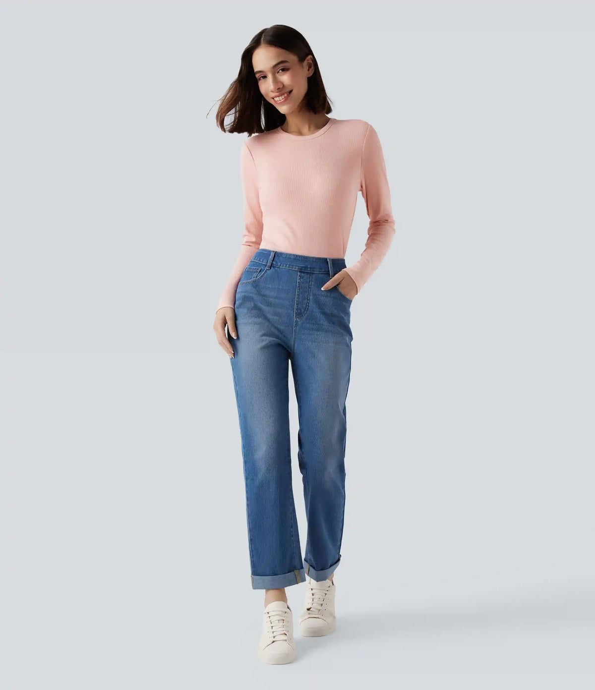 Ribbed Knit Round Neck Long Sleeve Casual Top