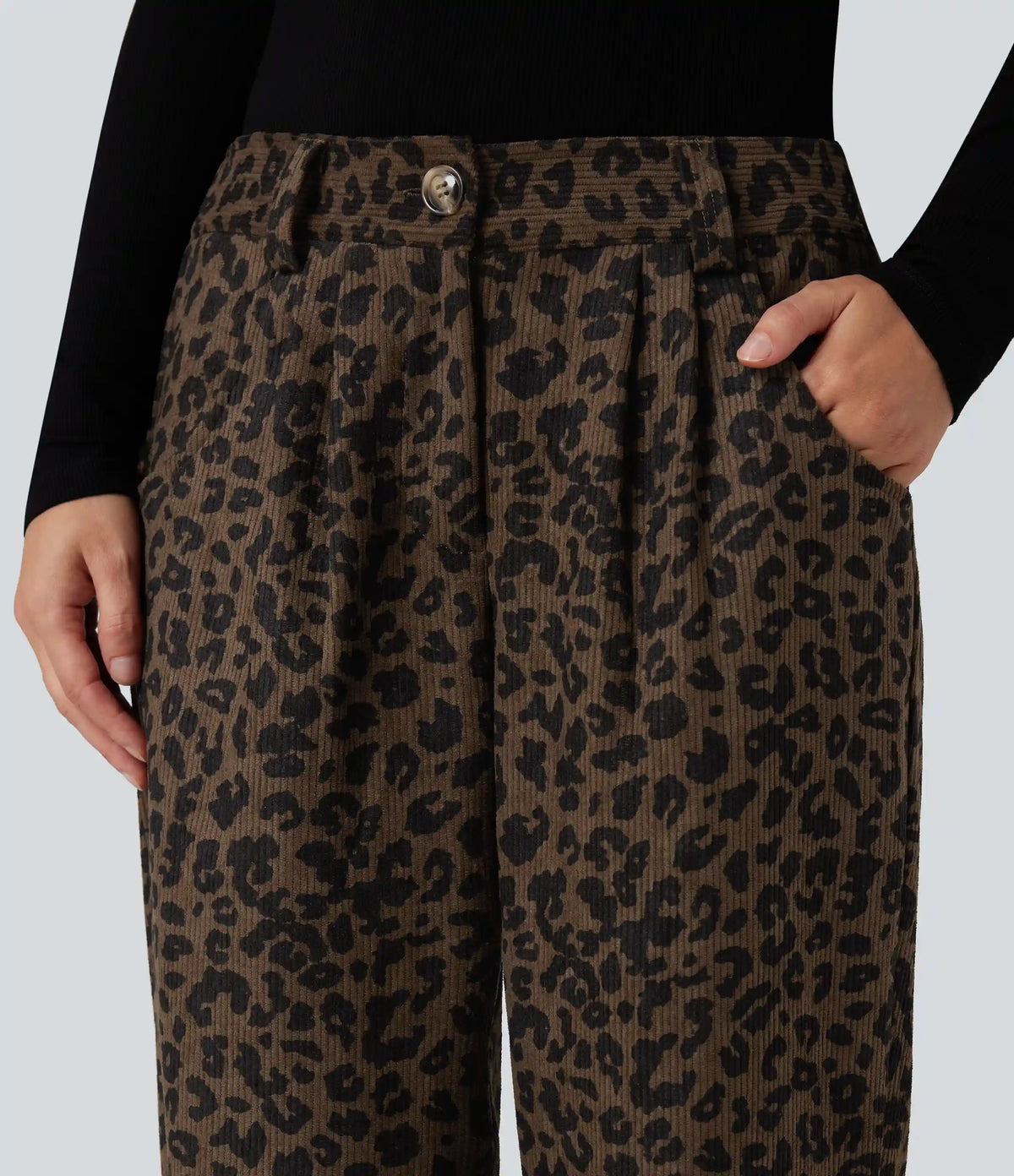 Mid Rise Leopard Print Corduroy Casual Straight-leg Pants with Pockets