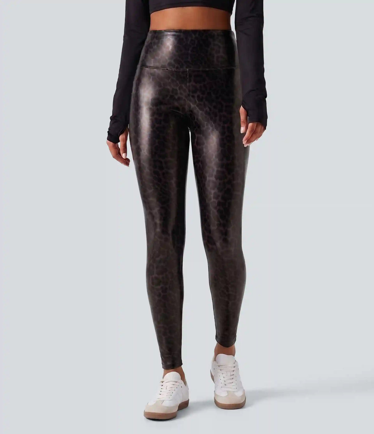 High Waisted Tummy Control Stretchy PU Leopard Print Skinny Casual Leggings with Pockets