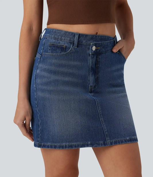 Halara Flex™ Asymmetric Mid Rise Mini Denim Casual Skirt with Pockets