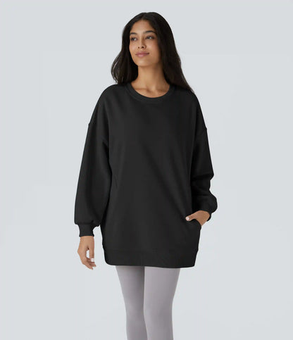 Round Neck Long Sleeve Pocket Oversize Fleece Casual Sweatshirt