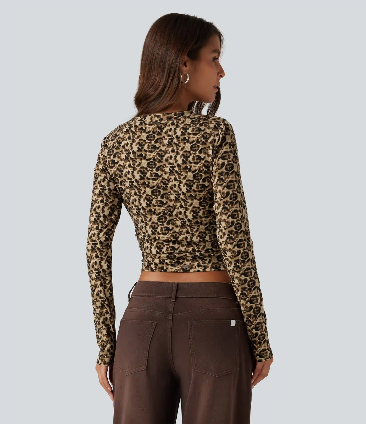 Round Neck Leopard Print Long Sleeve Ruched Casual Top