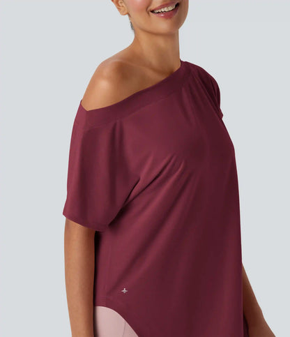 One Shoulder Short Sleeve Curved Hem High Low Quick Dry Yoga Sports Top