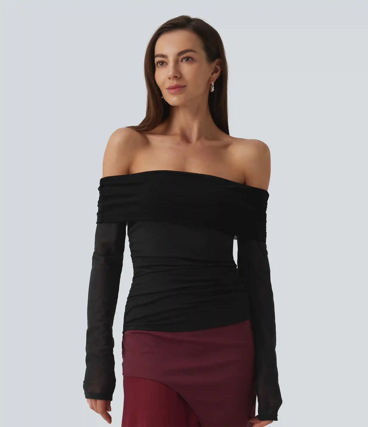 SoftlyZero™ Plush Off Shoulder Mesh Long Sleeve Top