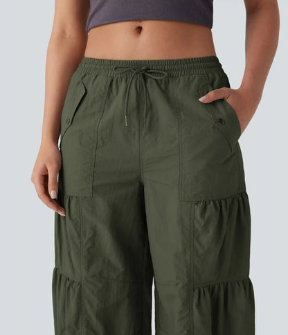 Mid Rise Drawstring Pocket Ruched Parachute Casual Cargo Baggy Joggers