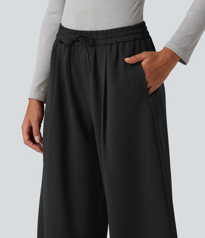 High Waisted Drawstring Barrel Leg Work Pants with Pockets