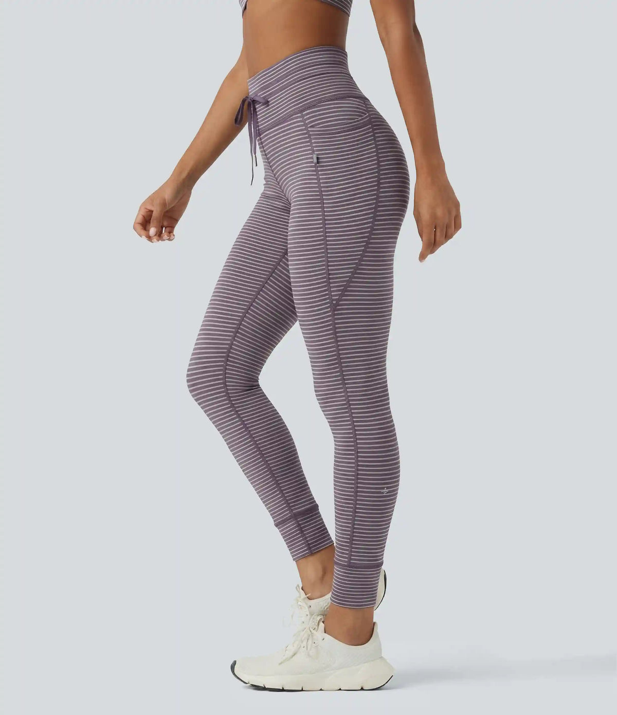 High Waisted Drawstring Striped Yoga Leggings with Pockets