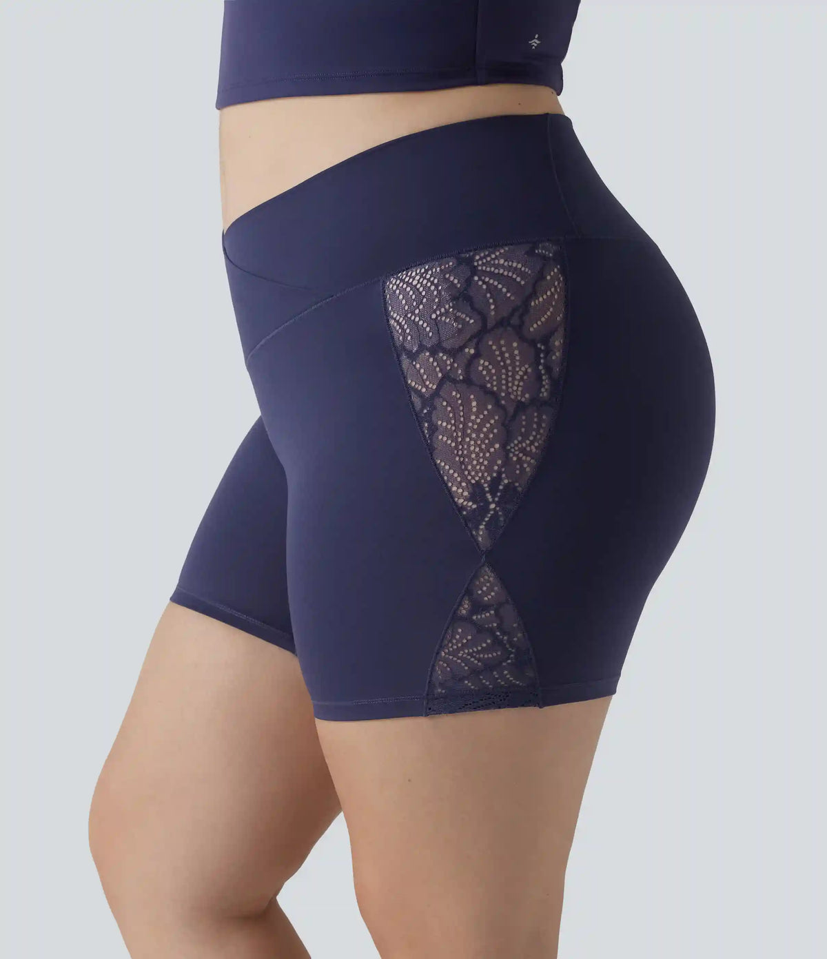 Plus Size SoftlyZero™ High Waisted Crossover Contrast Lace Yoga Biker Shorts 5'' with Pocket