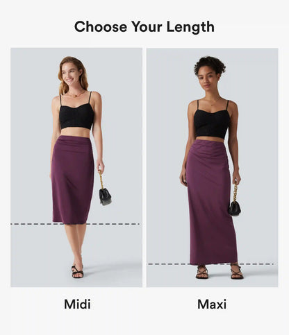 High Waisted Ruched Stretchy Satin-Like InstantCool Maxi Casual Pencil Skirt