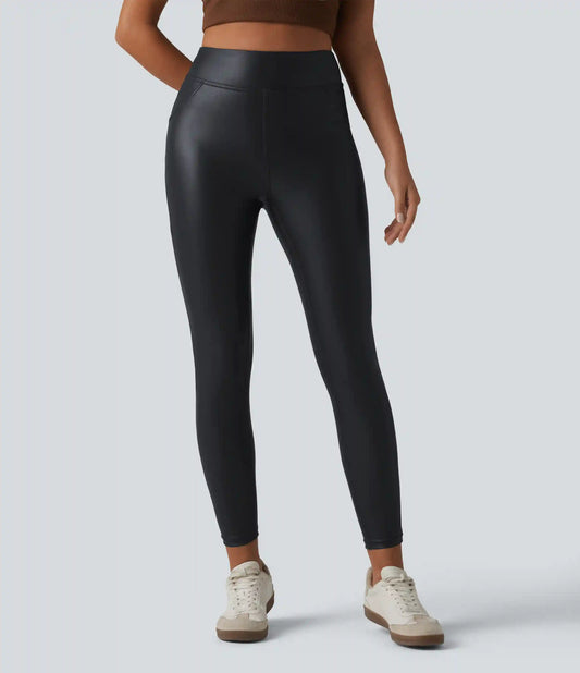 High Waisted Stretchy PU Casual Skinny Pants with Pockets