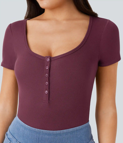 Ribbed Henley Neck Short Sleeve Slim Casual Top