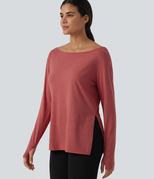 Boat Neck Dropped Long Sleeve Split Yoga Sweatshirt with Thumb Hole