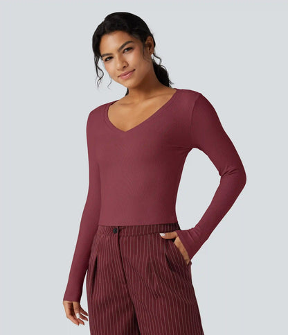 Ribbed Knit V Neck Long Sleeve Cropped Work T-Shirt