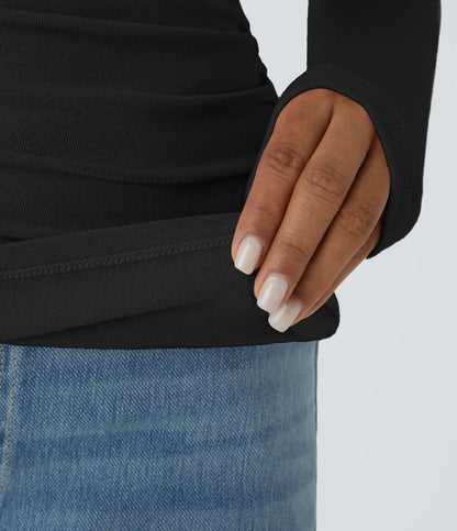 Funnel Neck Long Sleeve Ruched Skinny Thermal Casual Top
