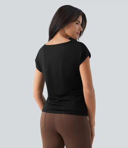 Asymmetric Cowl Neck Short Sleeve Ruched Split Hem Work Blouse
