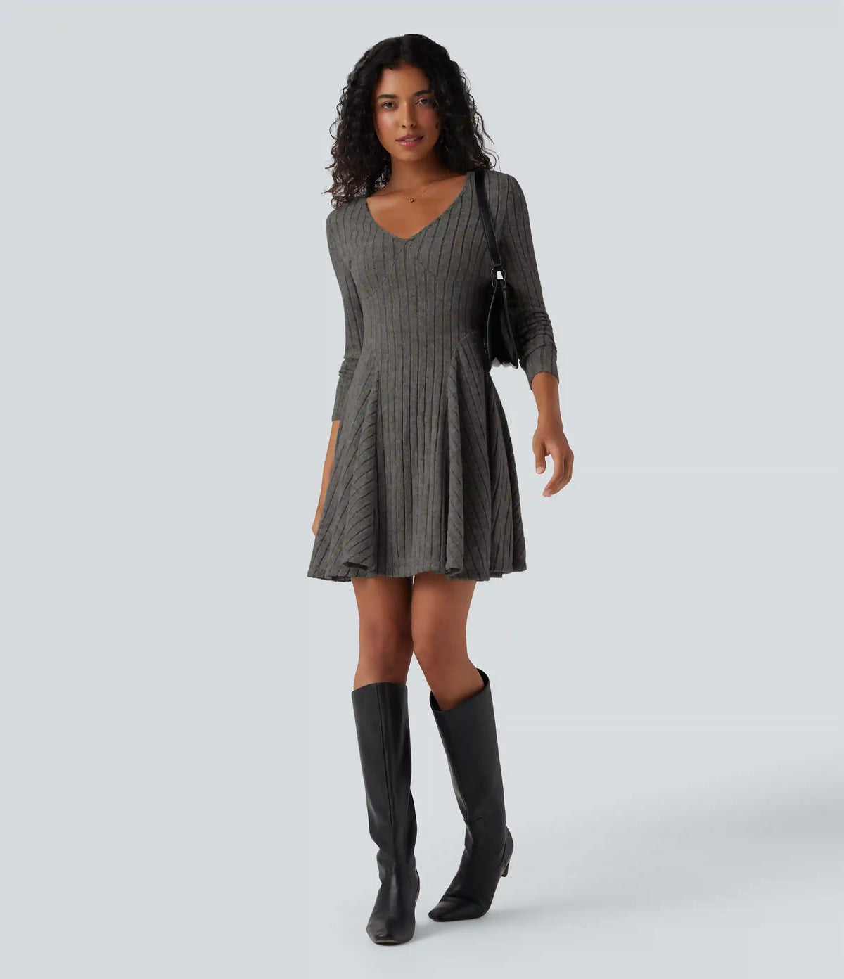 Ribbed Knit V Neck Long Sleeve Flare Mini Casual Dress