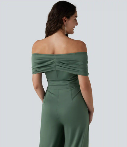 Off Shoulder Short Sleeve Built-in Bra Casual Jumpsuit with Pockets-Easy Peezy Edition