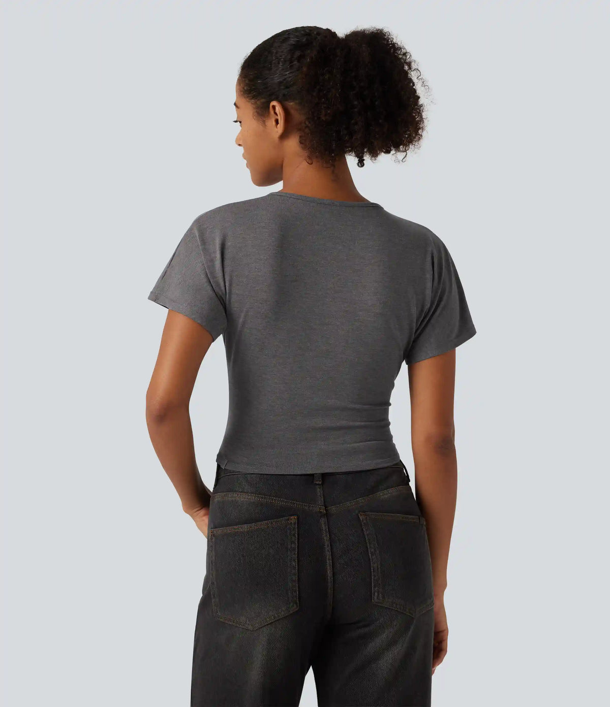 V Neck Flounce Short Sleeve Ruched Casual T-Shirt