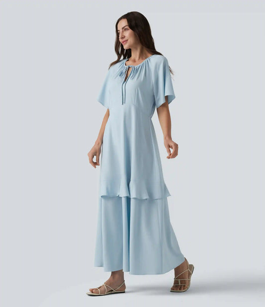 V-neck Short Sleeve Ruffle Tiered Midi Resort Flowy Dress