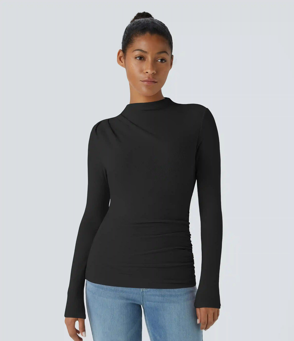 Funnel Neck Long Sleeve Ruched Skinny Thermal Casual Top