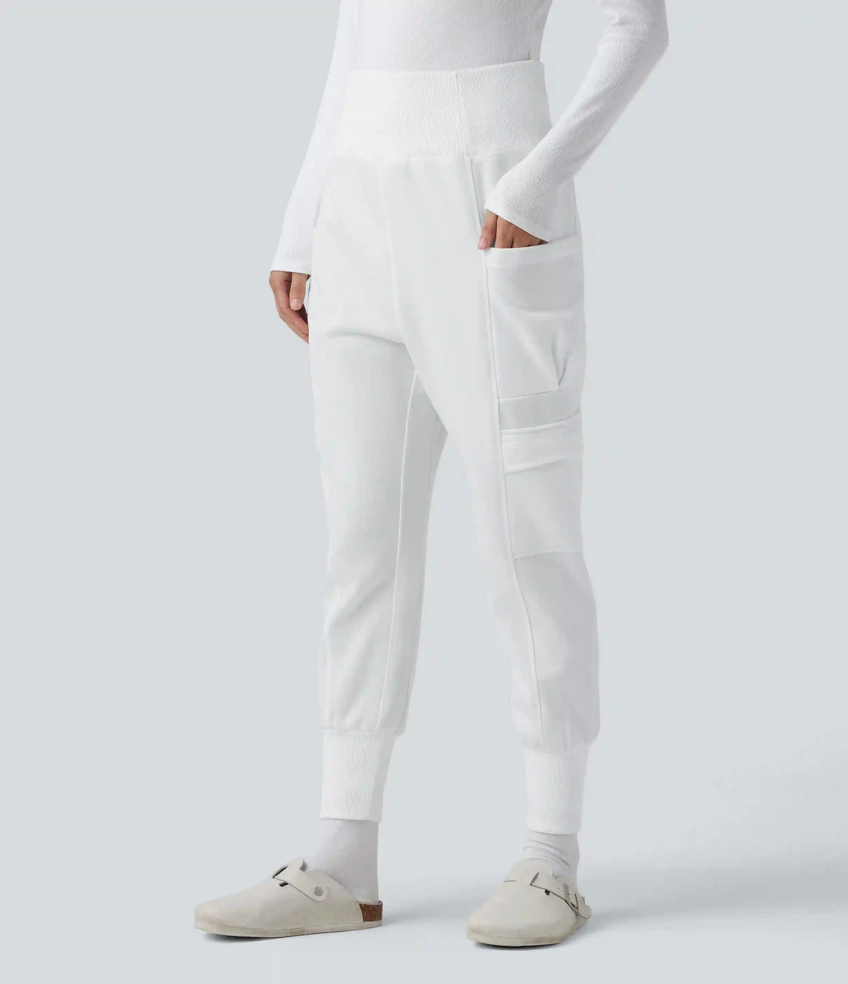 High Waisted Foldover Pocket Harem Fleece Casual Cargo Joggers