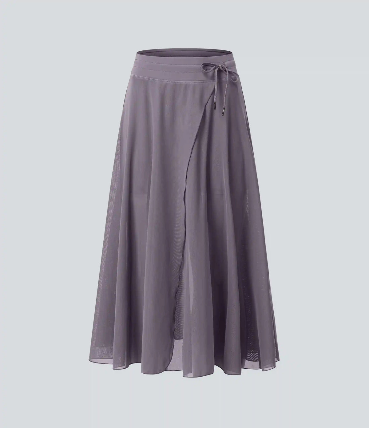 High Waisted Drawstring Contrast Mesh 2-in-1 Pocket Flowy Midi Flare Casual Skirt