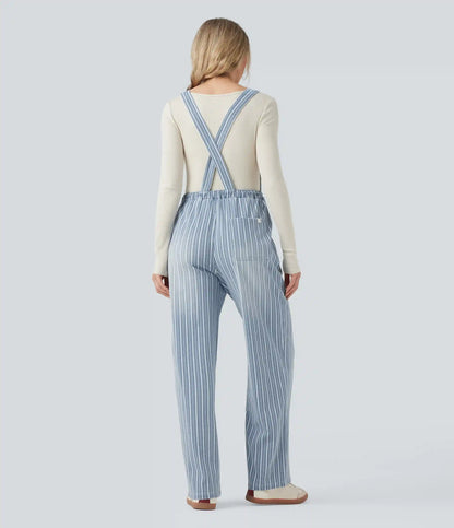 Halara Flex™ Drawstring Stripe Straight Leg Denim Casual Overalls with Pockets
