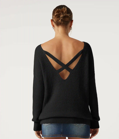 One Shoulder Crisscross Back Dropped Long Sleeve Relaxed Casual Sweater