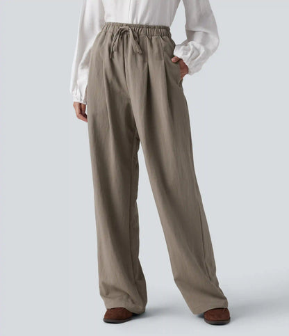 High Waisted Drawstring Straight Leg Work Pants with Pockets