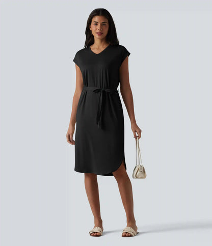 V-neck Short Sleeve Belted Curved Hem Casual T-Shirt Dress
