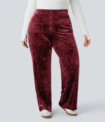 High Waisted Pockets Straight Leg Velvet Casual Plus Size Pants