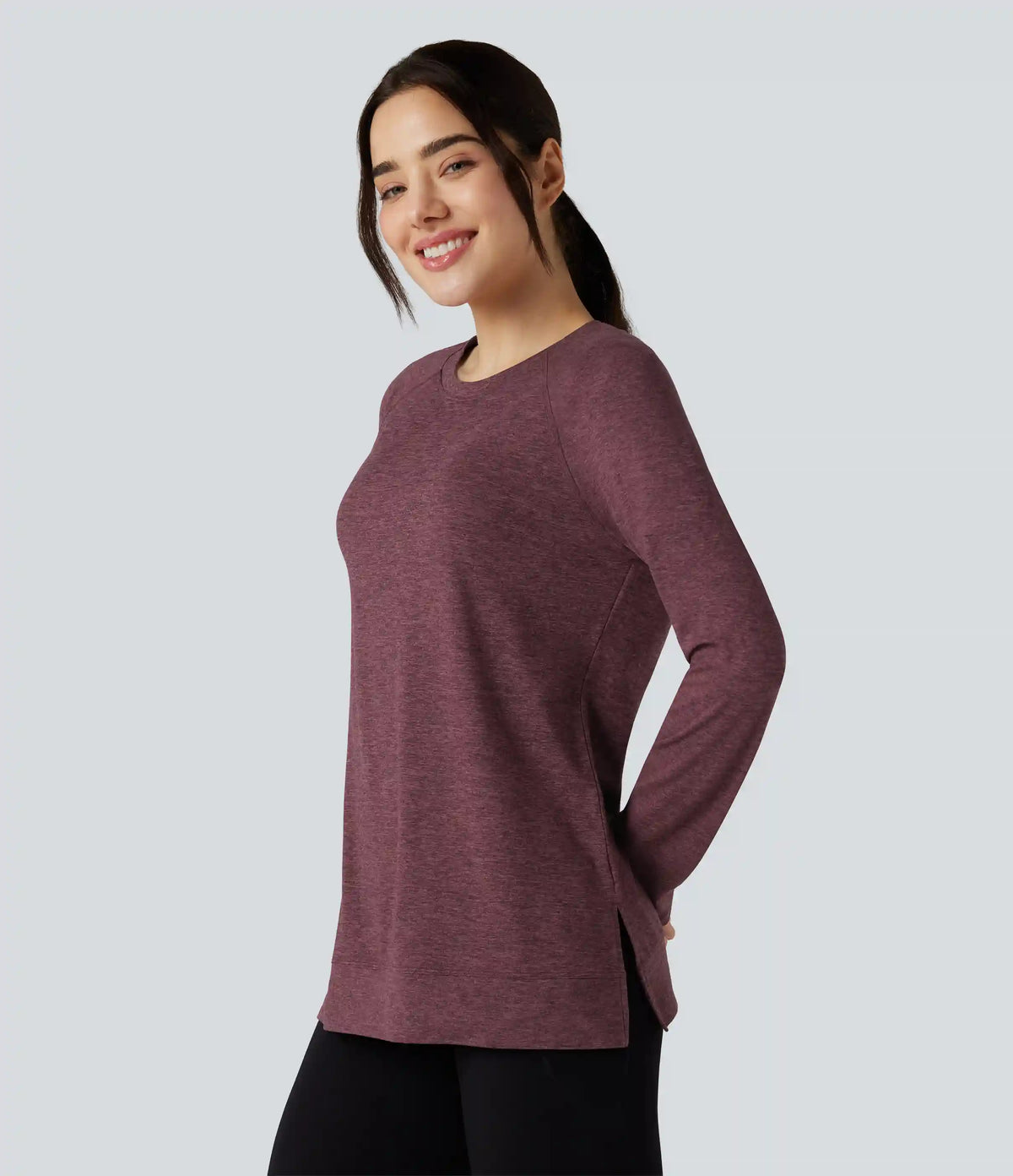 Skin Friendly Round Neck Raglan Long Sleeve Split Hem Casual T-Shirt
