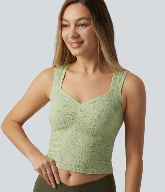 V-neck Ruched Built-in Bra Cropped Jacquard Yoga Tank Top
