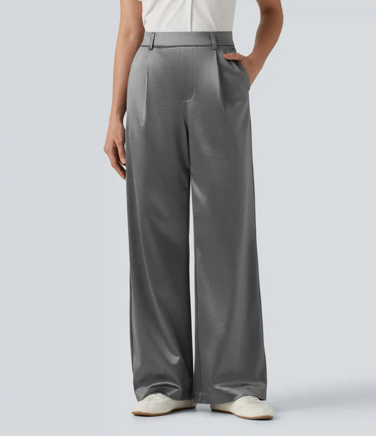 High Waisted Straight Leg Satin Work Pants with Pockets