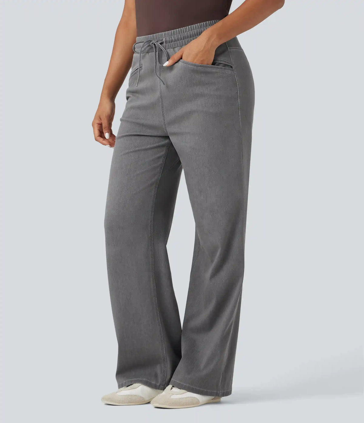 Halara Flex™ High Waisted Drawstring Wide Leg InstantCool Stretchy Knit Casual Sweatpants Jeans with Pockets