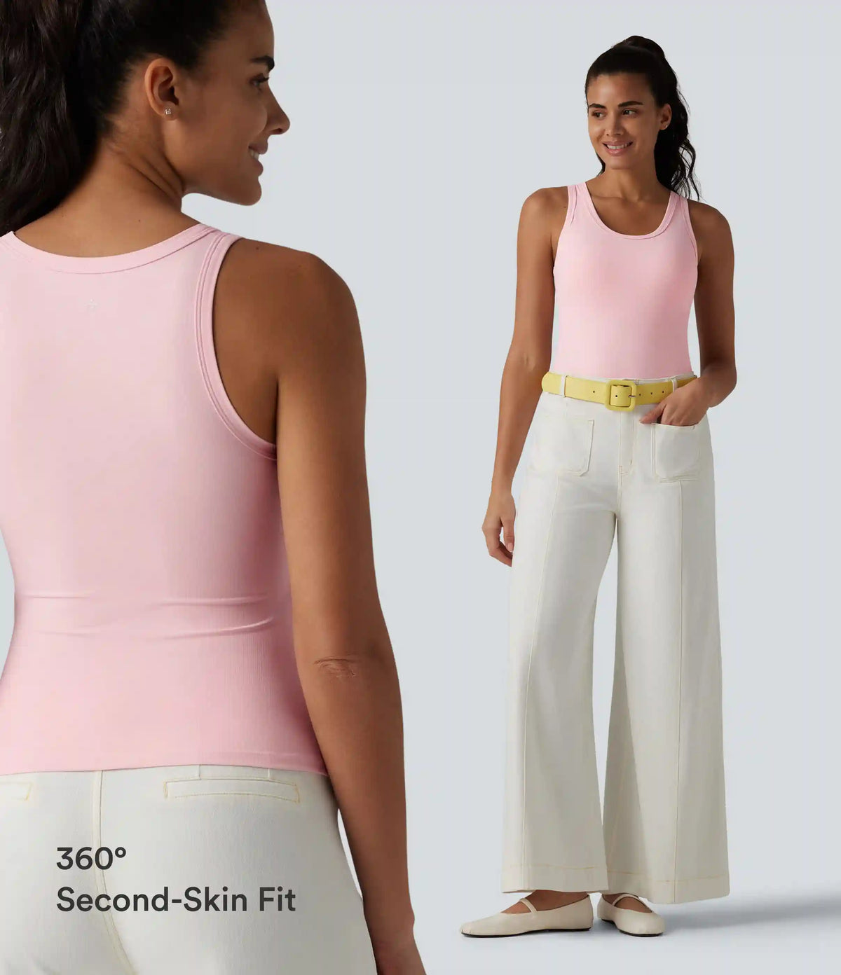 Ribbed Knit U Neck Built-in Bra Dance Tank Top B-E Cups