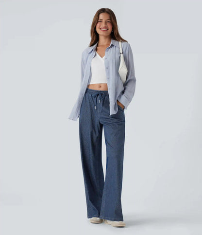 Halara Flex™ Low Rise Drawstring Wide Leg Silver Shine Casual Sweatpants Jeans with Pockets