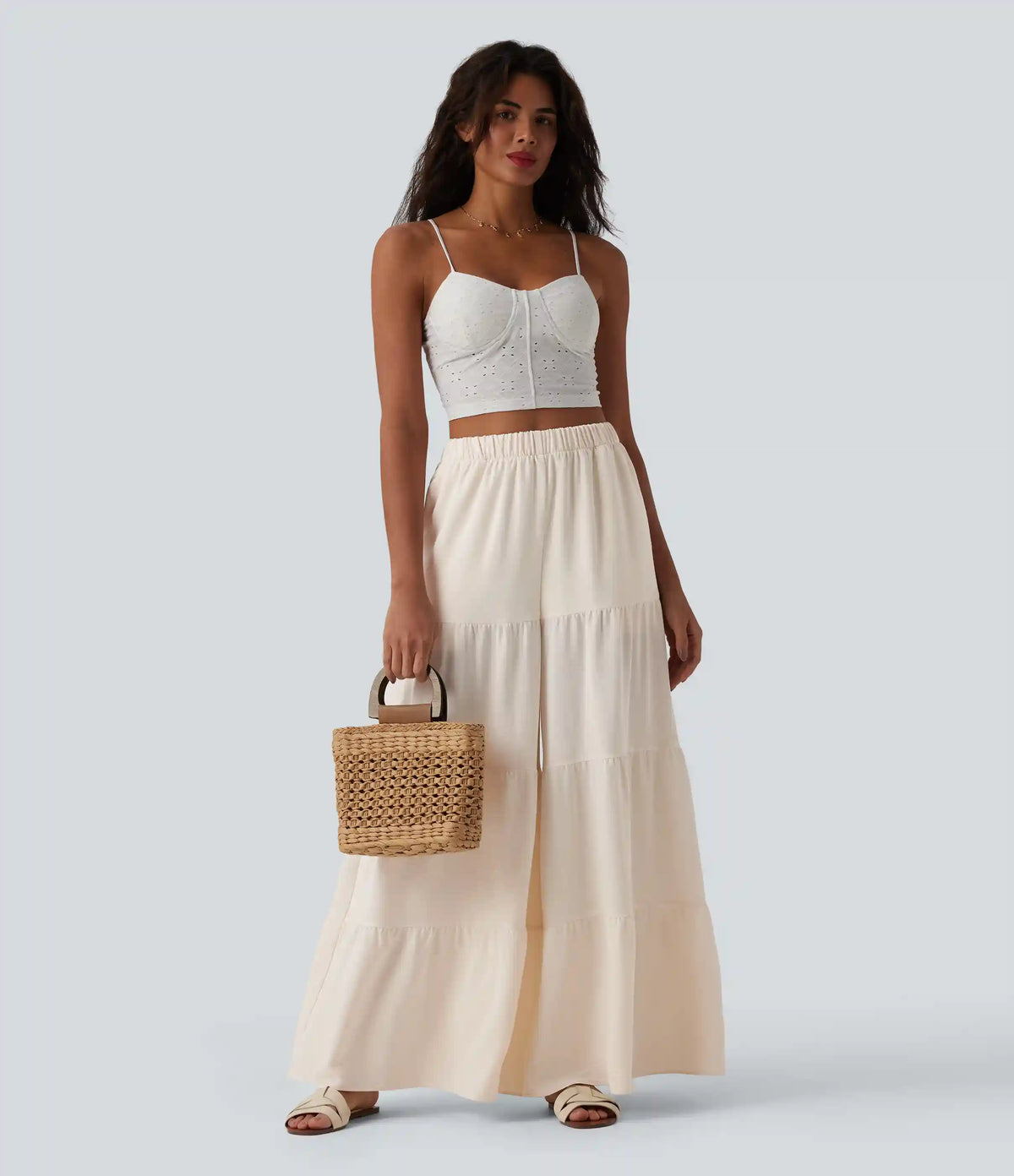 High Waisted Wide Leg Flowy Linen-Feel Pants with Pockets