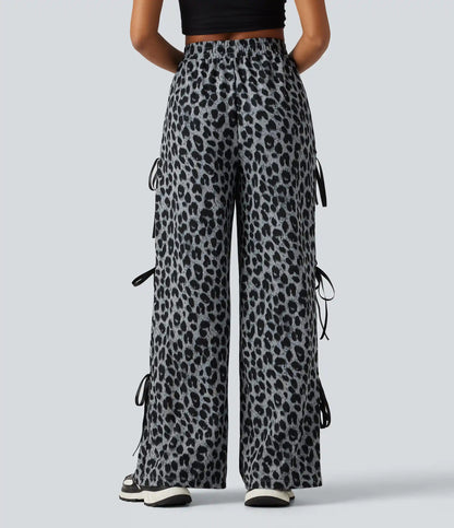 High Waisted Leopard Print Waffle Wide Leg Casual Pants with Pockets