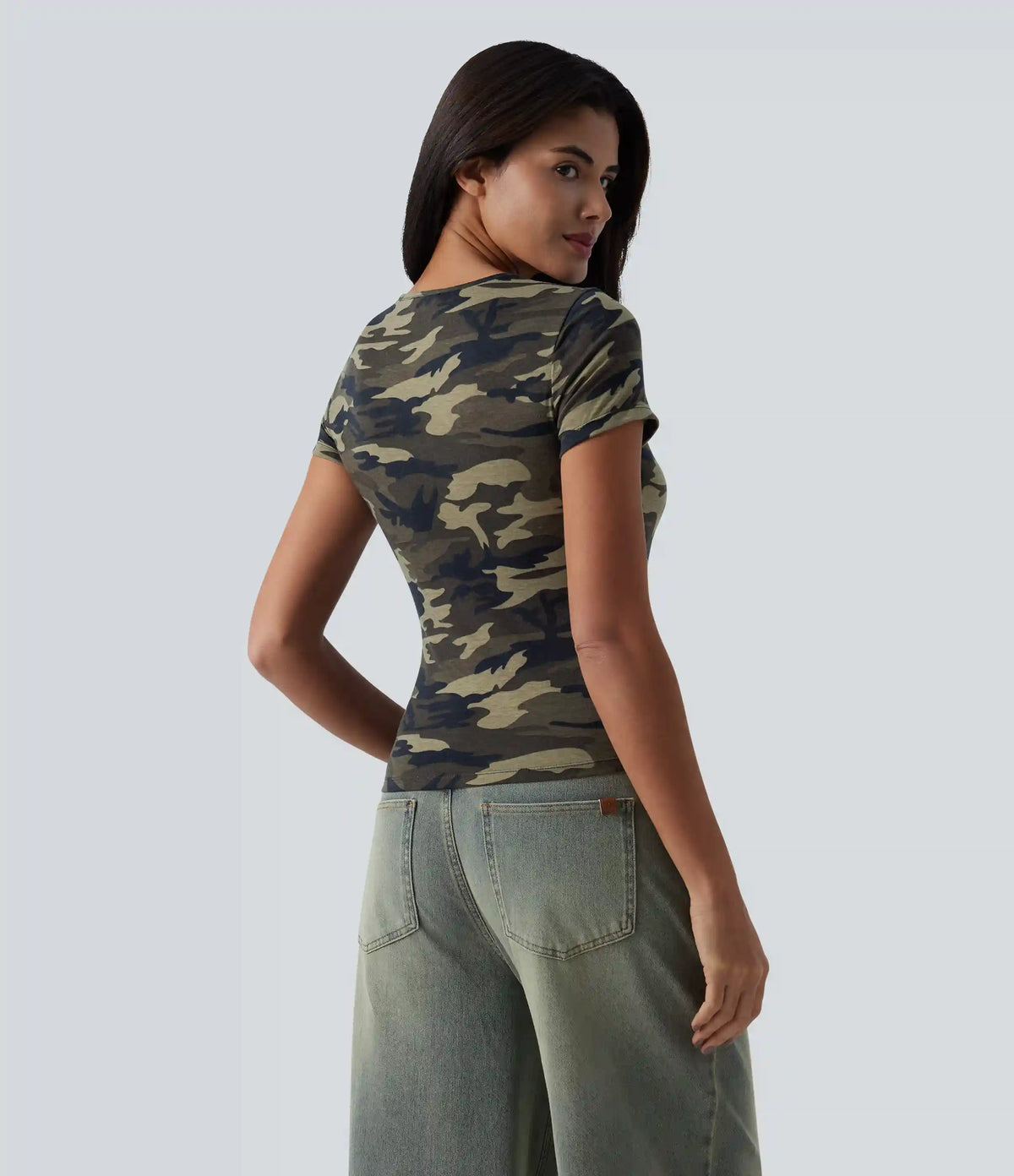 Round Neck Short Sleeve Cut Out Camo Casual T-Shirt