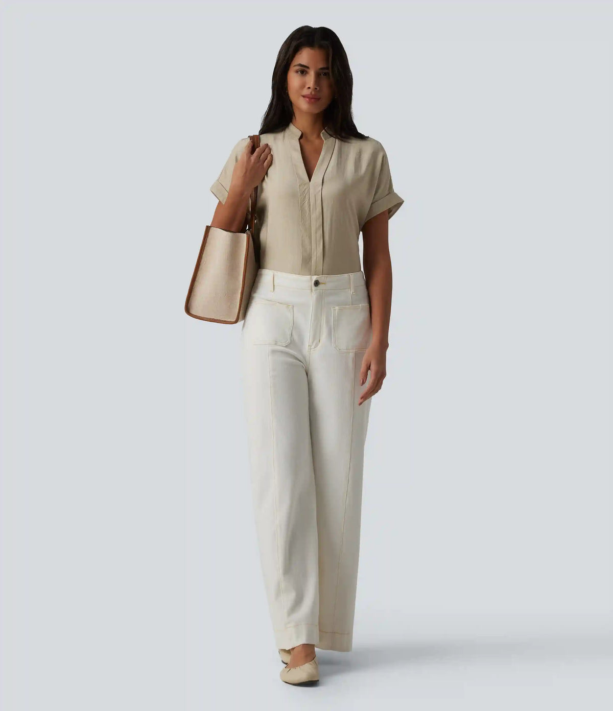 V Neck Short Sleeve Linen-Feel Work Shirt