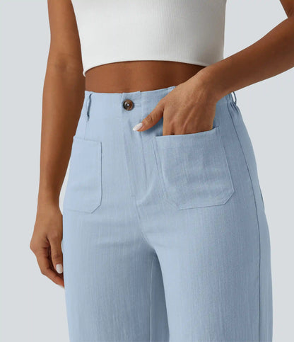 High Waisted Straight Leg Casual Linen-Feel Pants with Pockets