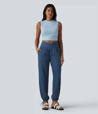 Halara Flex™ Mid Rise Crossover Drawstring Denim Casual Joggers with Pockets