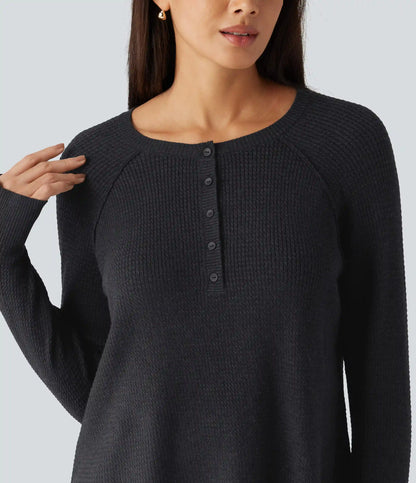 Henley Neck Long Sleeve Thumb Hole Curved Hem Casual Sweater