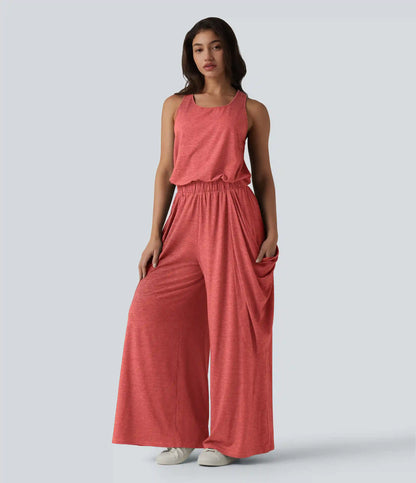 Sleeveless Cut Out Wide Leg Casual Jumpsuit with Pockets-Easy Peezy Edition