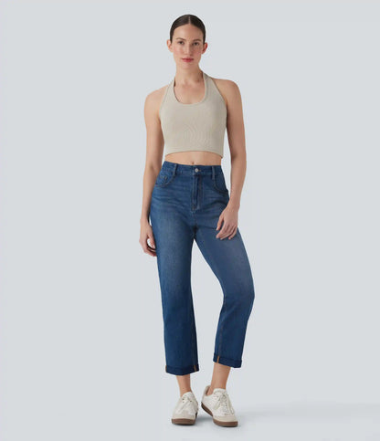 Halara Flex™ Mid Rise Straight Leg Washed Casual Jeans with Pockets