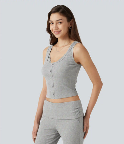 High Stretch Ribbed Knit Square Neck Contrast Lace Casual Tank Top